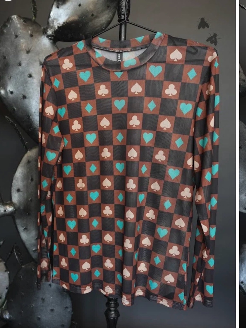 Checkerboard Card-Suit Long Sleeve Top in Brown & Teal mesh
